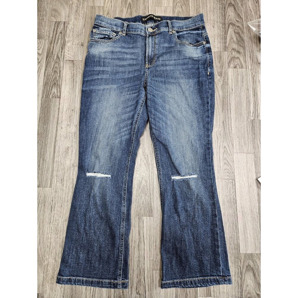 Express Jeans Womens 10 Blue Bell Crop High Rise Distressed Flare Denim Pants
